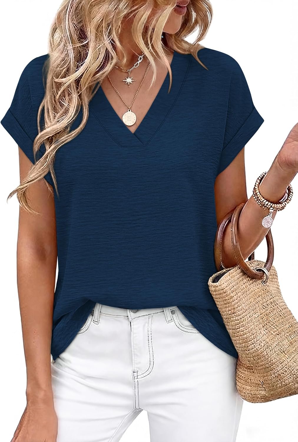 WIHOLL Womens Tops Dressy Casual Rolled Short Sleeve V Neck T Shirts Summer Business Work Blouses Crepe Texture Outfits