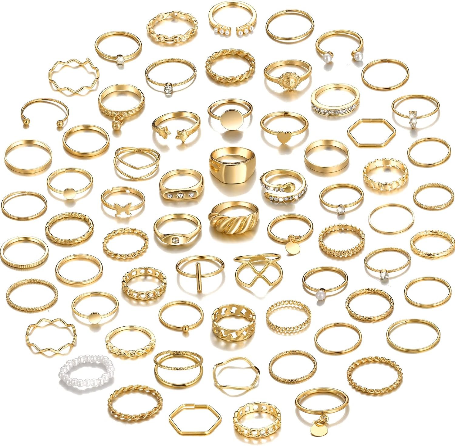 YEEZII 68 Pcs Gold Knuckle Rings Set for Women, Stackable Boho Joint Finger Midi Rings Silver Hollow Carved Crystal Stacking Ring Pack for Gift