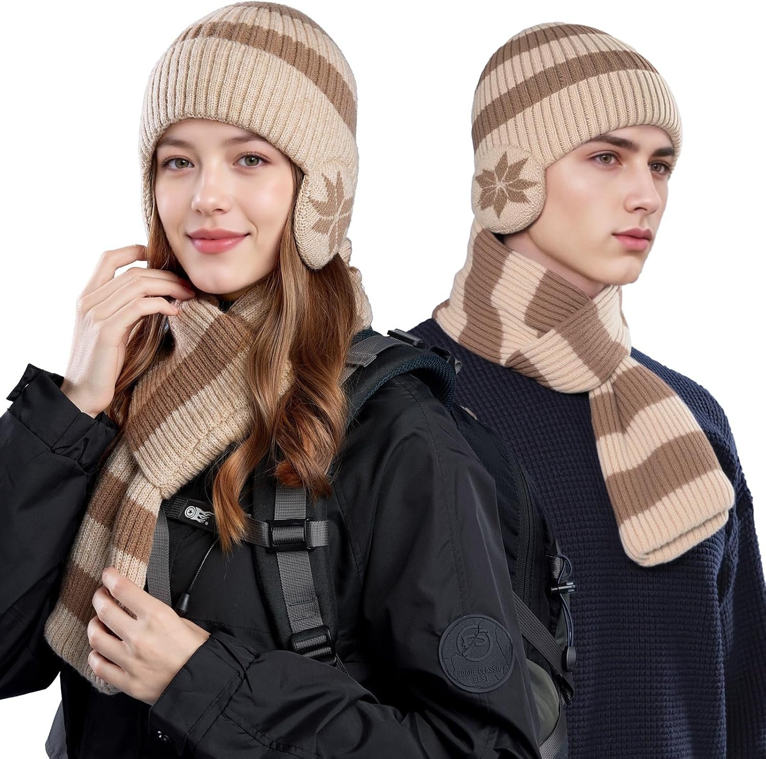 Winter Beanie Hat Scarf Set for Women and Men Warm Knitted Fleece Lined Hat with Earflaps