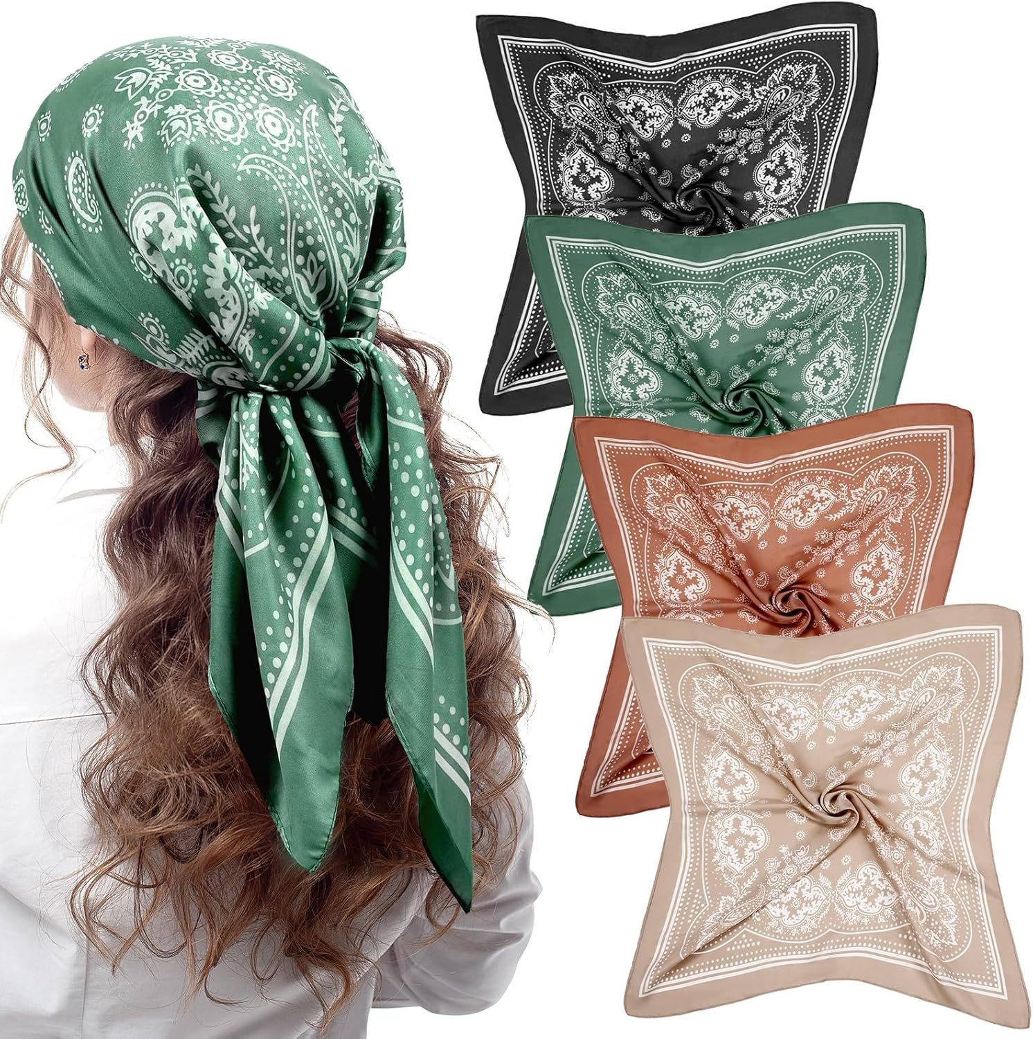 Syhood 4 Pcs 27” Square Satin Bandanas for Women, Paisley Head Scarves Neck Hair Wrap Large Handkerchief Headwear Headband