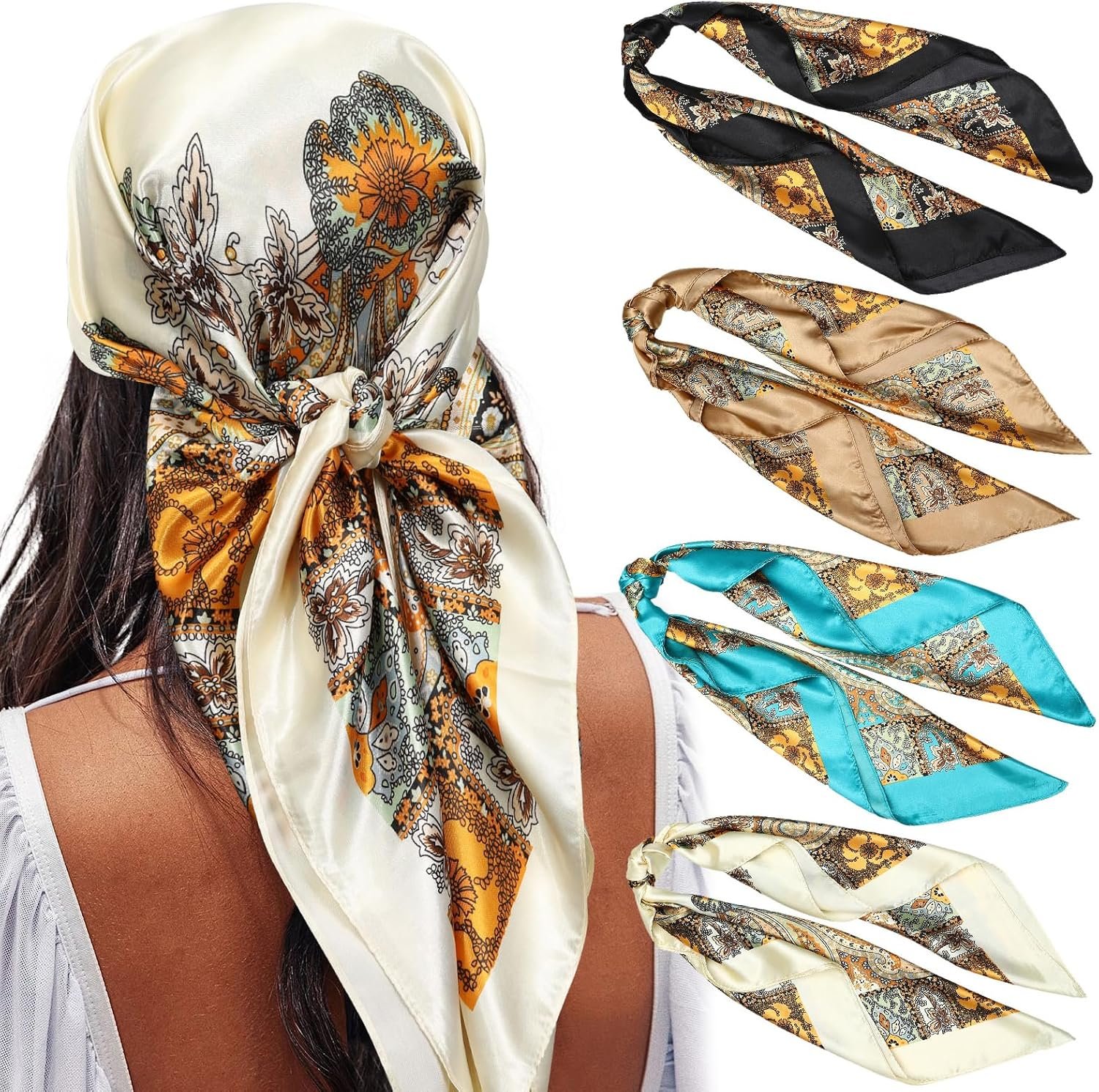 AWAYTR 35” Satin Large Square Head Scarves – 4PCS Silk Like Neck Scarf Hair Sleeping Wraps Satin Silk Scarfs for Women