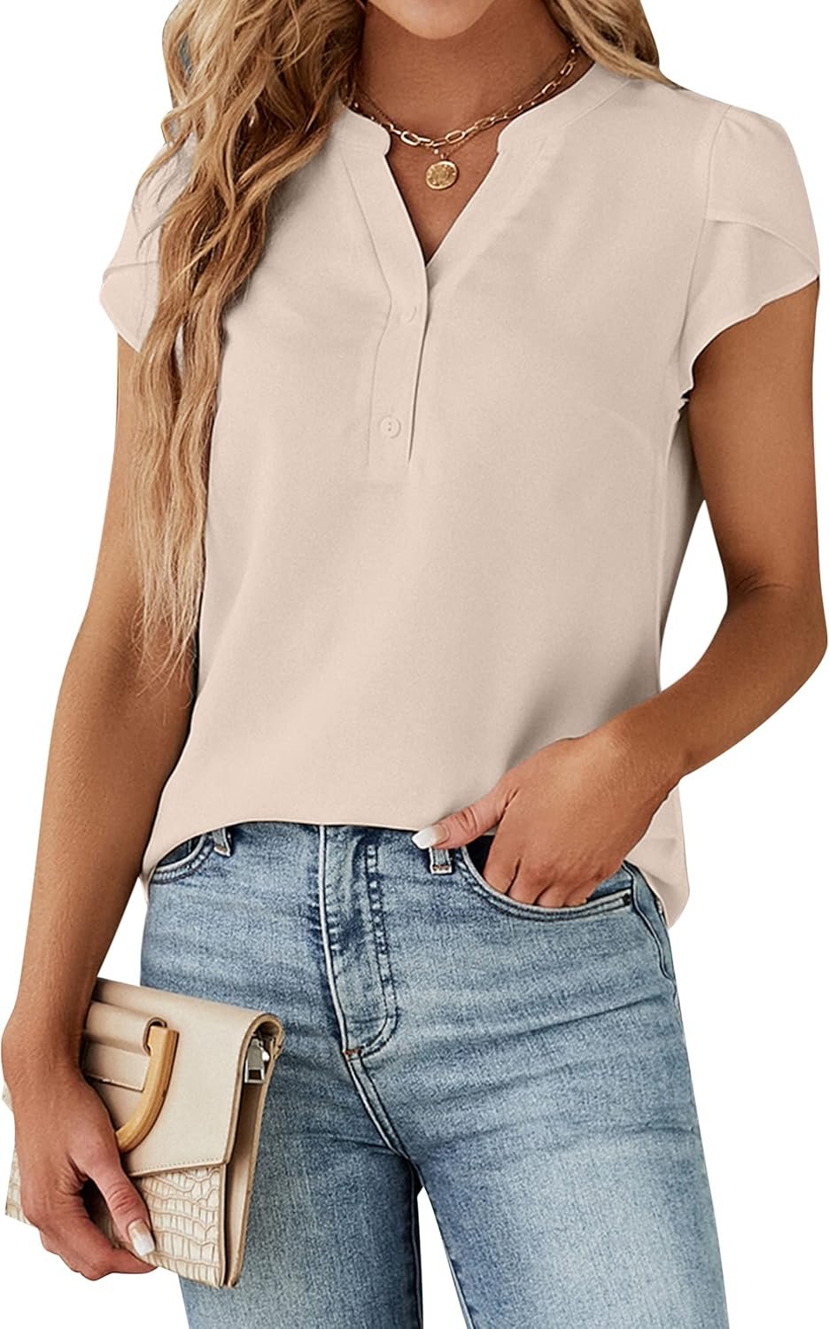 Blooming Jelly Women’s Dressy Casual Tops Business Work Blouses Button Down Shirts Cap Sleeve V Neck Tshirt