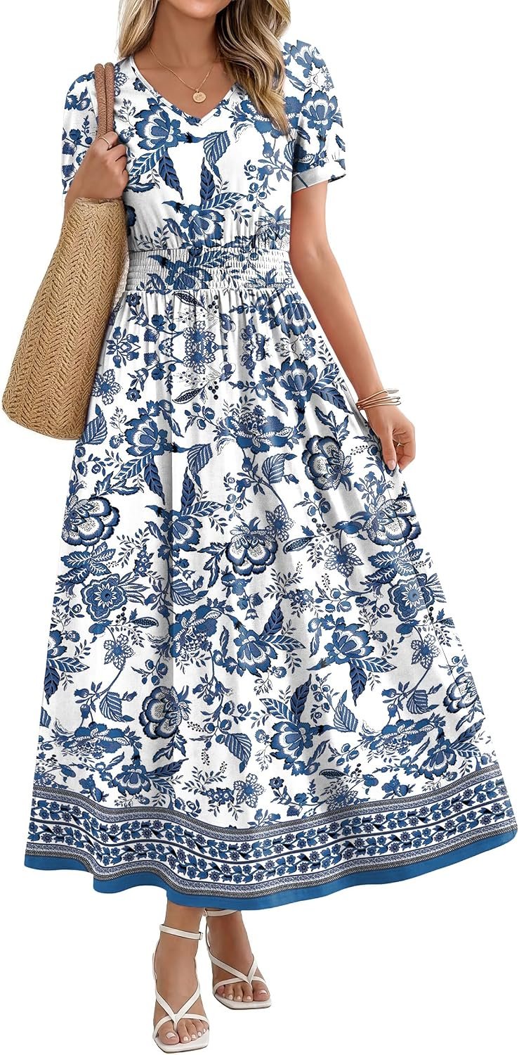 OFEEFAN Maxi Dresses for Women V Neck Ladies Midi Long Dress A Line Smocked Waisted Casual Summer Spring Clothes Boho Beach