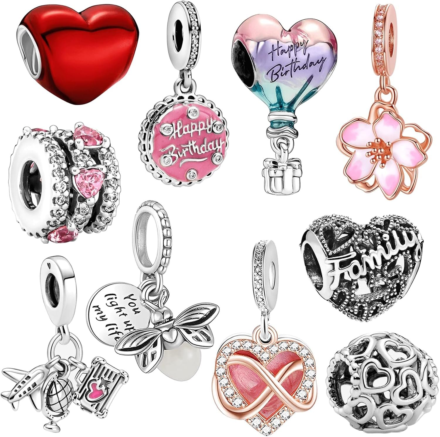 WANIUS 10 Pack Silver Charms for Pandora Bracelets and Necklaces Charms for Women CZ Pendant Jewelry Charm Set