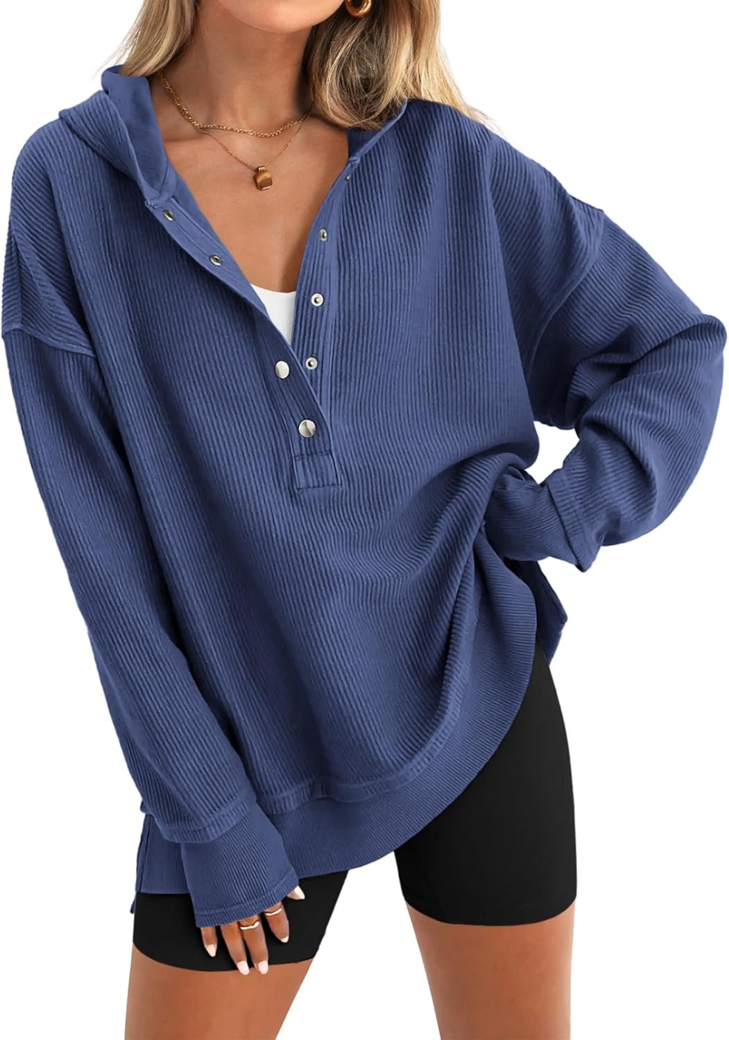 PRETTYGARDEN Womens Fashion 2026 Oversized Long Sleeve Hoodie Button Down V Neck Sweatshirt Side Slit Casual Pullover Tops