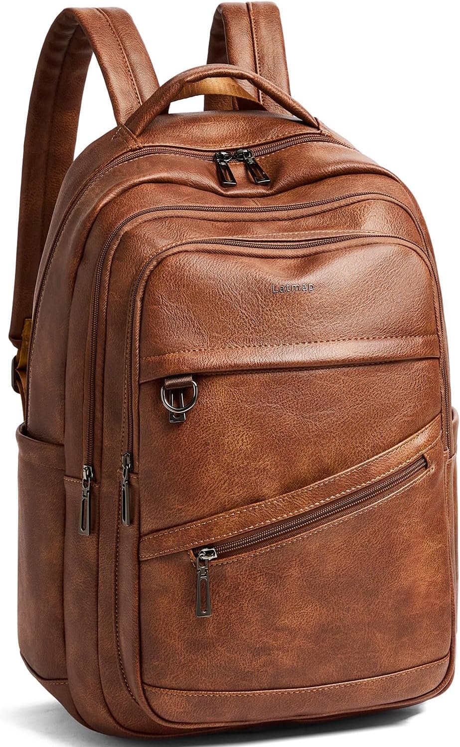 LATMAP Backpack for Women Men – Vegan Leather Backpack Purse Travel Carry-on Bag College Bookbag Work fits 16.5″ Laptop, Brown