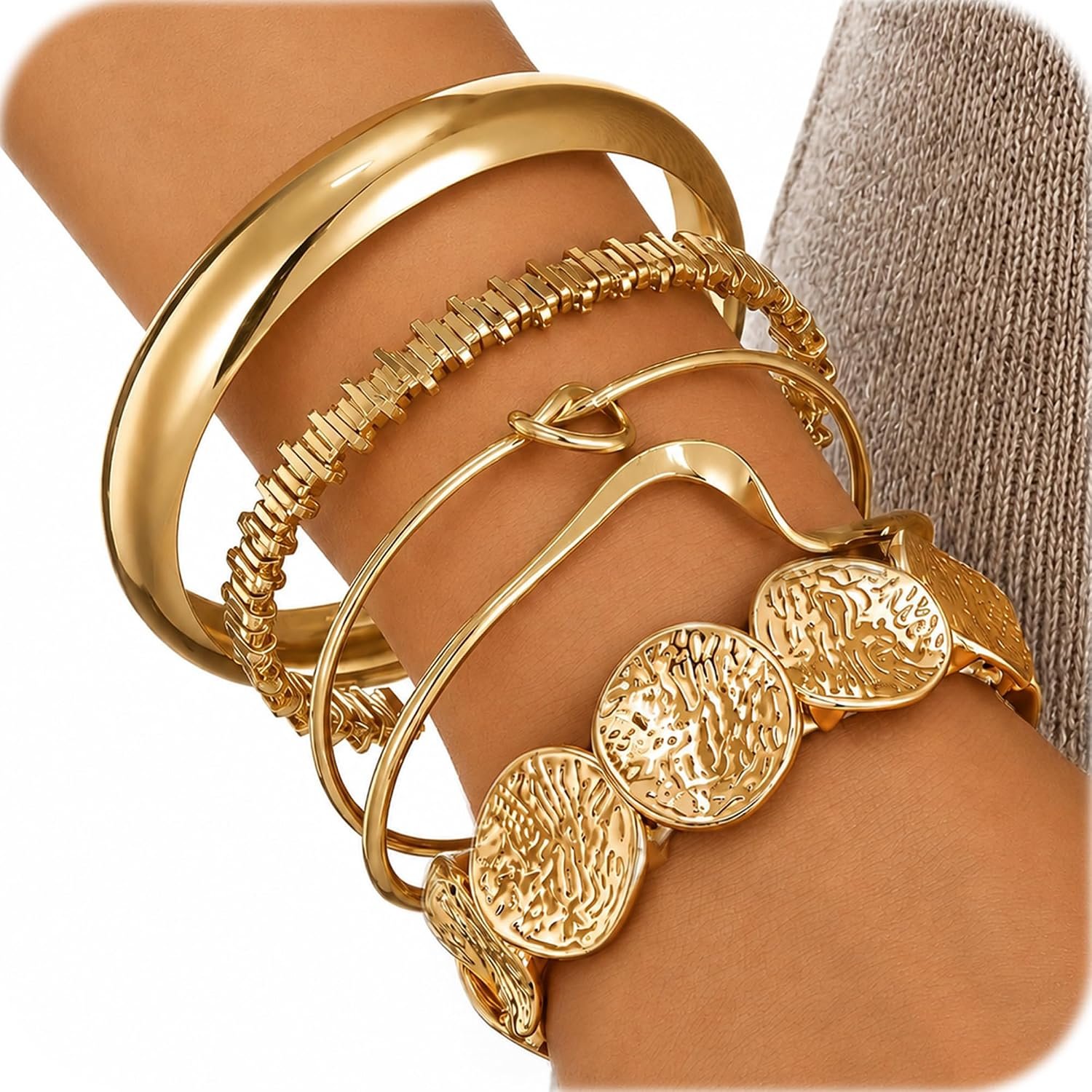 iF YOU Gold Bangle Bracelets for Women, Dainty Knot 14K Gold Plated Multi Layer Bangle Cuffs, Personalized Boho Chunky Bracelets for Women Jewelrys Set Gifts