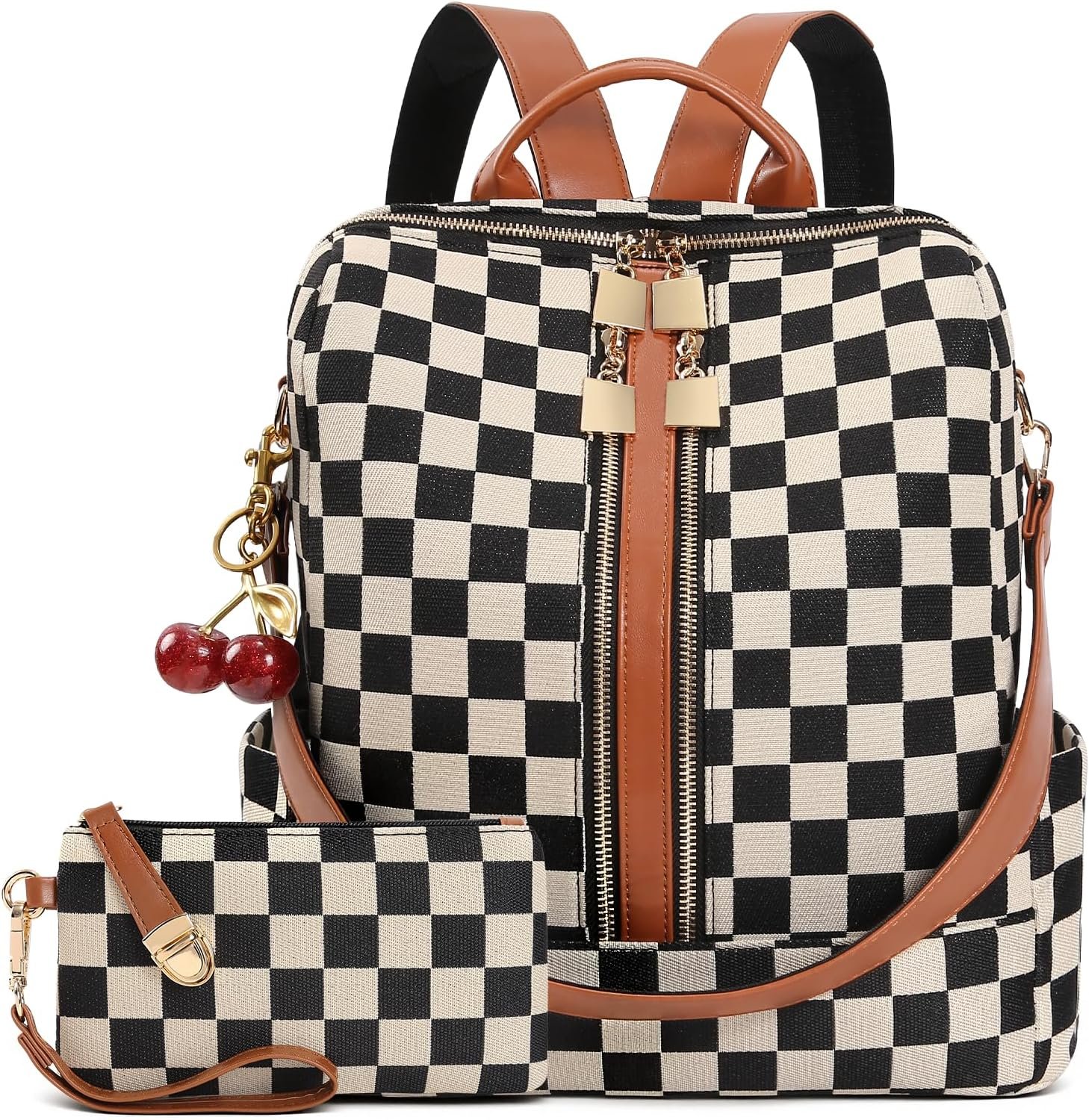 Small Backpack Purse for Women Checkered Back Pack Purses Ladies Backpack Handbags with Cherry Pendant Work Travel