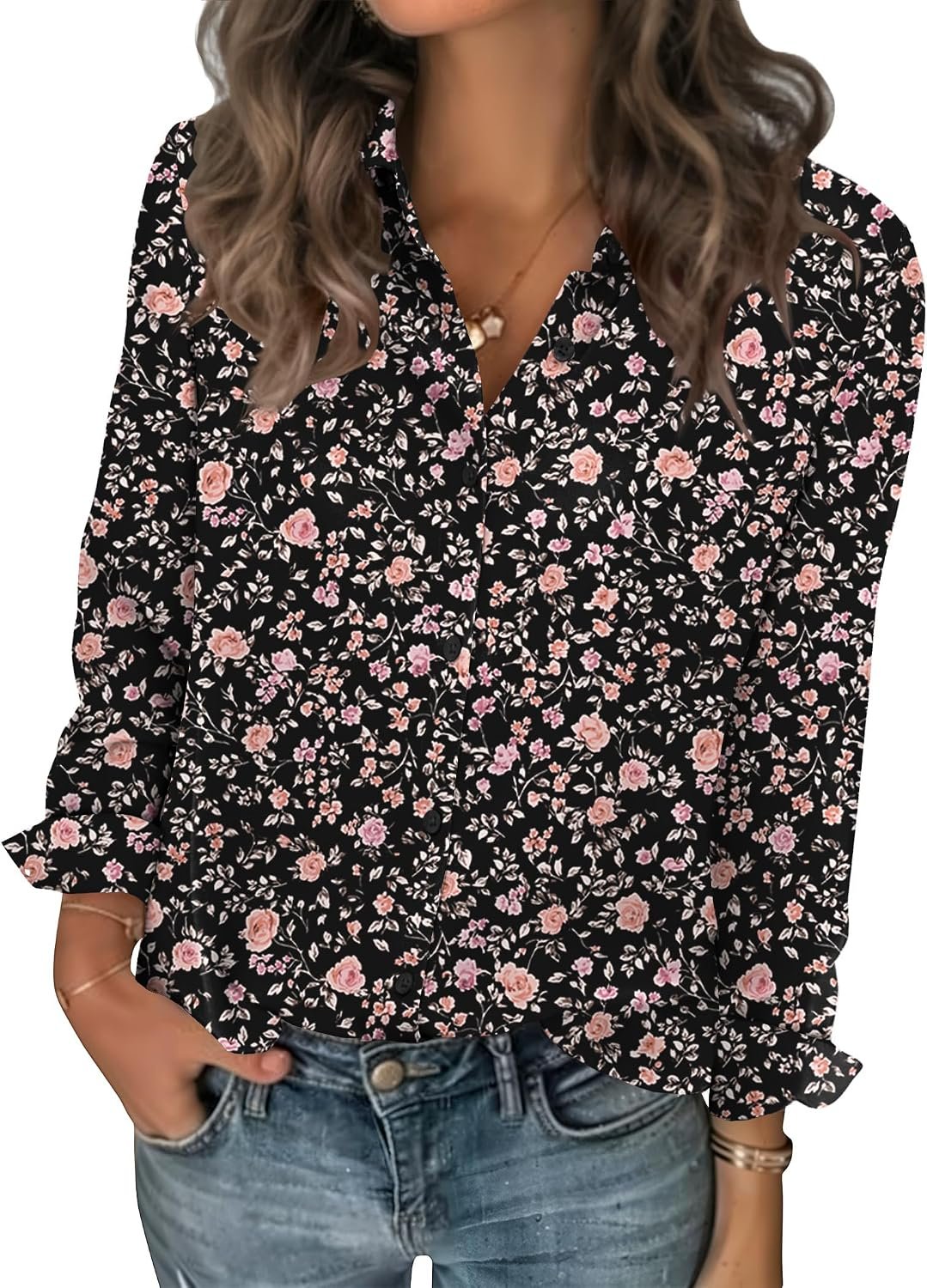 Zeagoo Women Blouses Chiffon Long Sleeve Button Down Shirts Business Causal Dressy Work Top V Neck Summer Spring Clothes