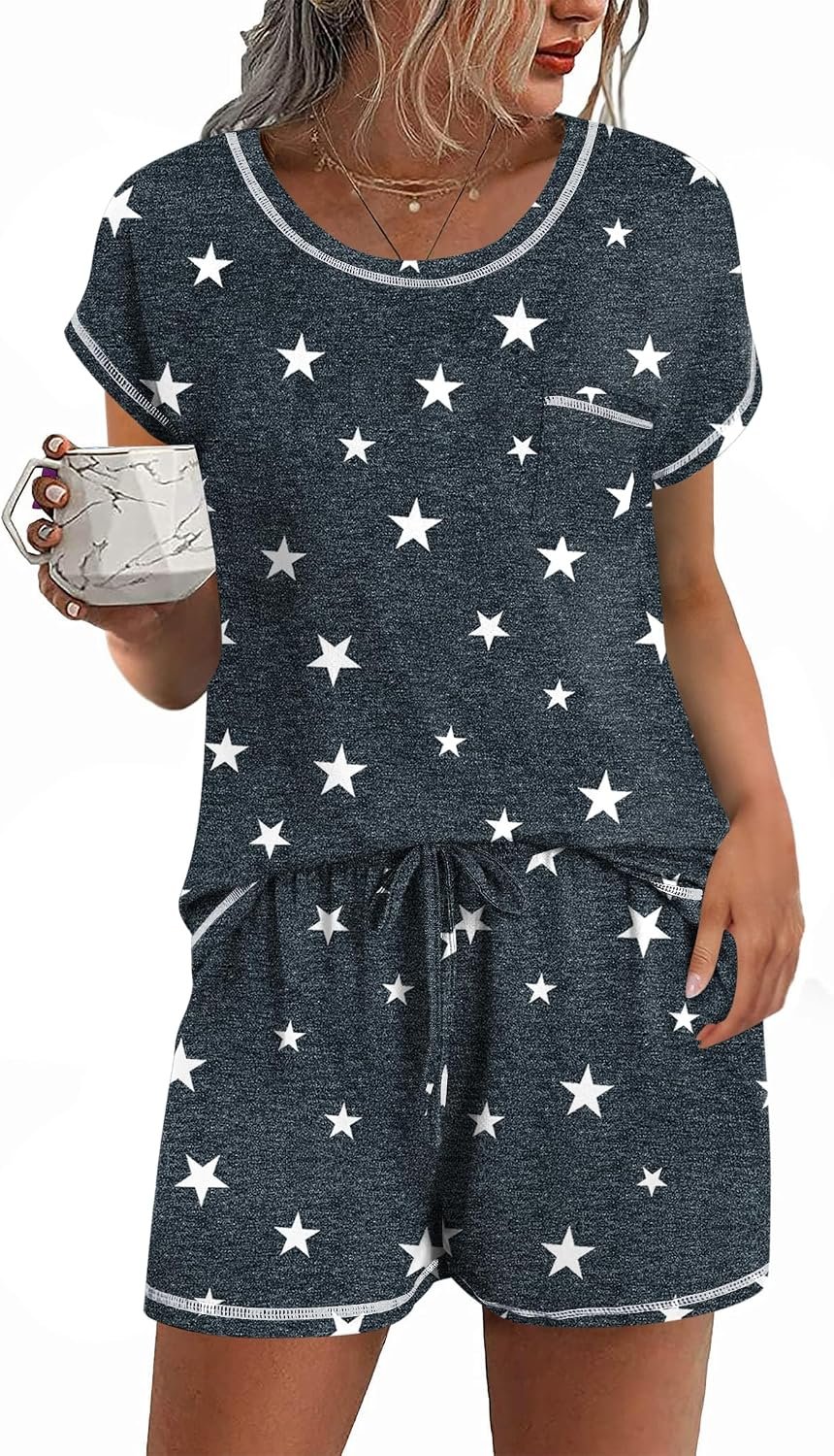Ekouaer Womens Pajama Sets 2 Piece Soft Short Sleeve Top and Shorts Sleepwear Round Neck Pjs Lounge Set with Pockets