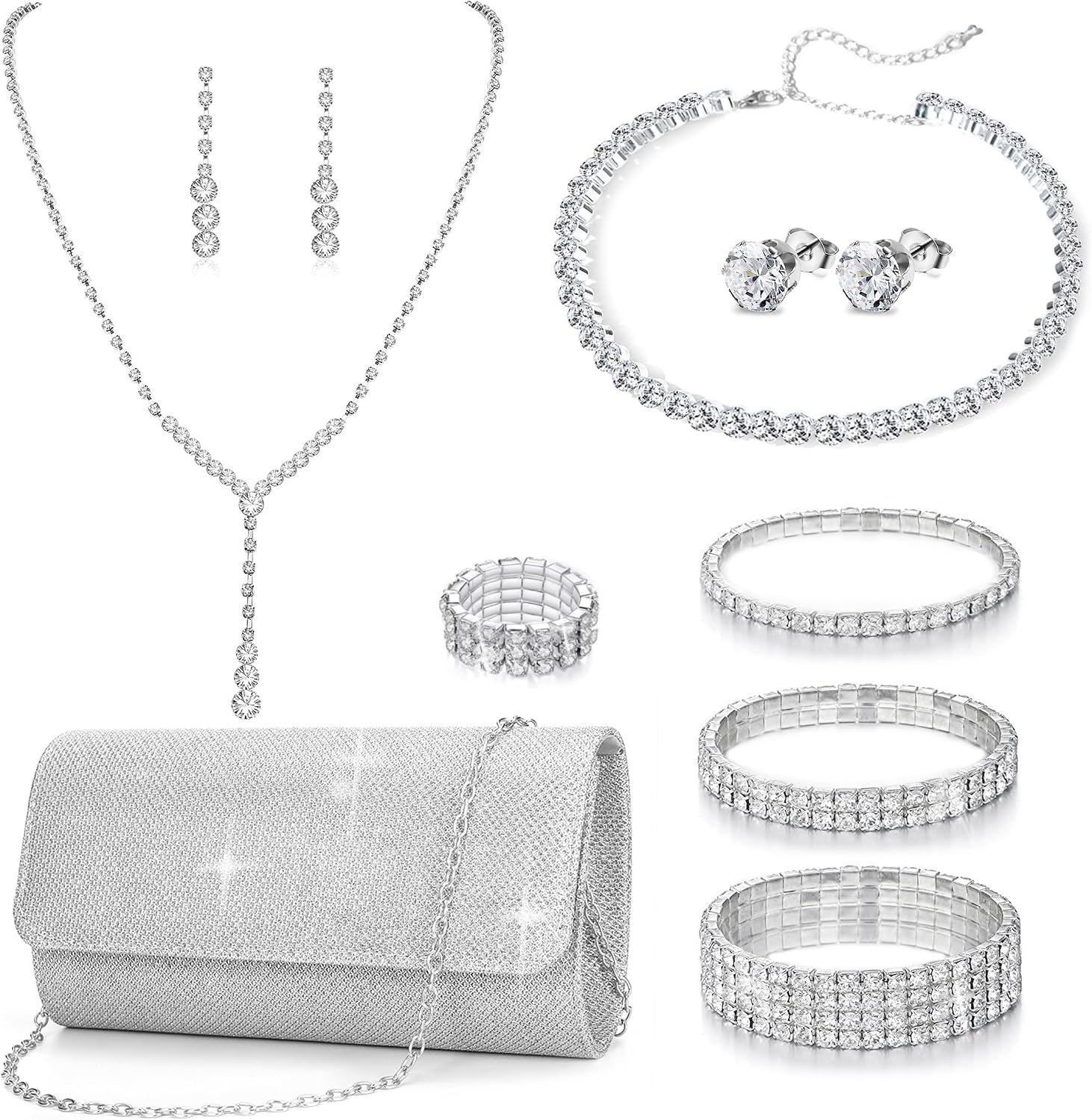 GIFIKOI 11 Pcs Silvery Clutch Purse Crystal Jewelry Set for Women Shiny Rhinestone Jewelry Accessories for Evening Party Bride Wedding