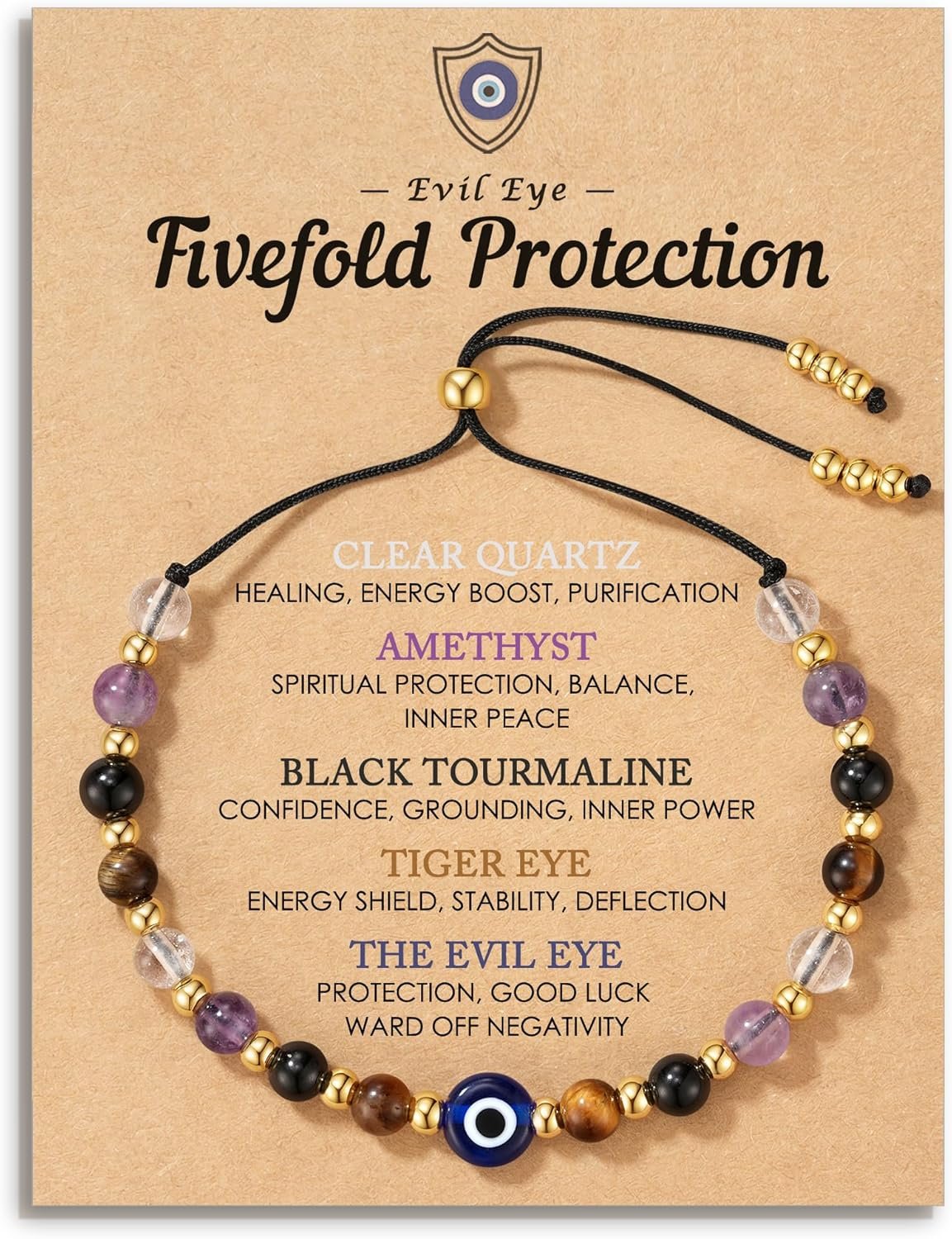 Evil Eye Dainty Bracelet – Natural Crystal Protection Bracelet – 5 Healing Stones Clear Quartz Amethyst Black Tourmaline Tiger Eye Adjustable Spiritual Guardian Jewelry Gift with Meaning Card