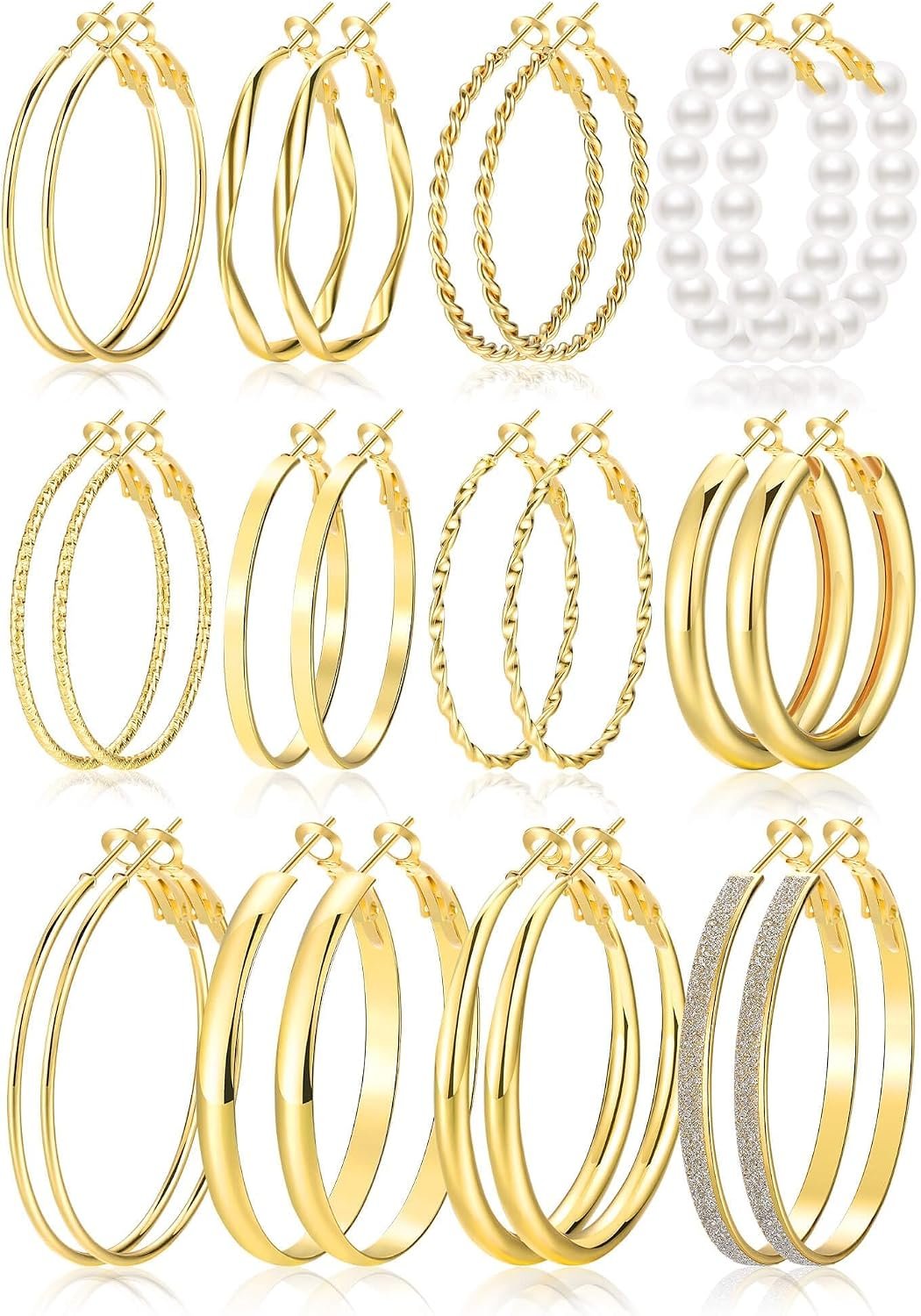Gold Hoop Earrings Set for Women, 12 Pairs Hypoallergenic Large/Big Thin Thick Gold Hoops Earrings Loop Pack for Jewelry Gift 40mm/50mm
