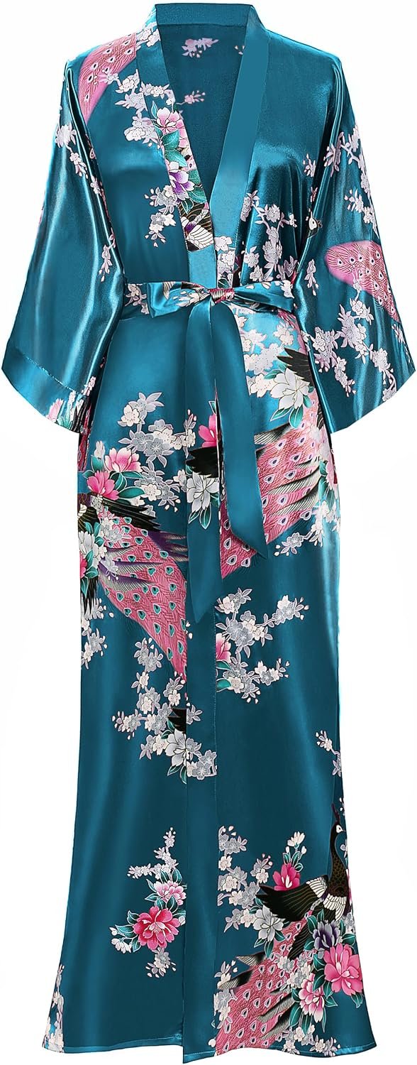 BABEYOND Women’s Kimono Robe Long Satin Robes with Peacock and Blossoms Printed Kimono Nightgown