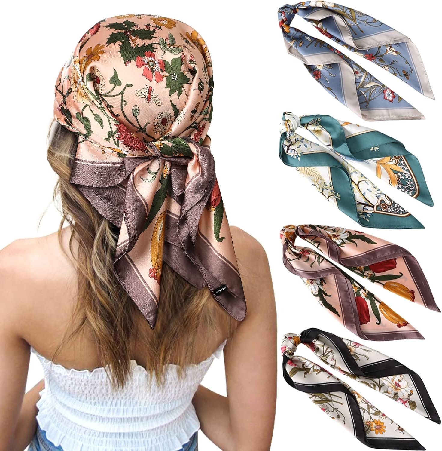 CHLINS 27.5 Inches Silk Feeling Square Head Scarf – 4 Pcs Satin Square Head Scarves for Women Hair Bandanas Head Kerchief