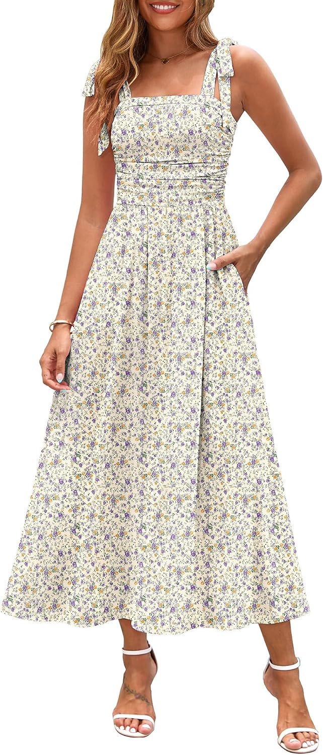 Zattcas Womens 2026 Summer Spaghetti Strap Floral Maxi Dress with Pockets Smocked Flowy Long Beach Vacation Sundresses