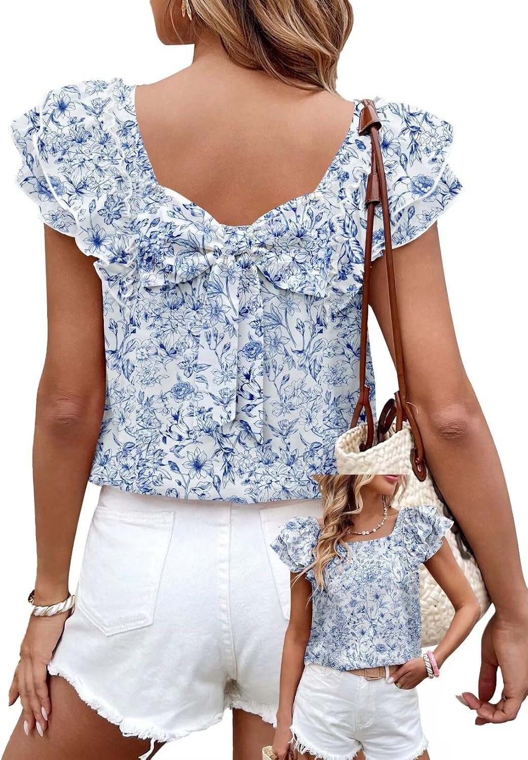 Falechay Womens Bow Tie Back Tops Round Neck Ruffle Short Sleeve Shirts Cute Babydoll Chiffon Tee Women Summer Trendy Tunic
