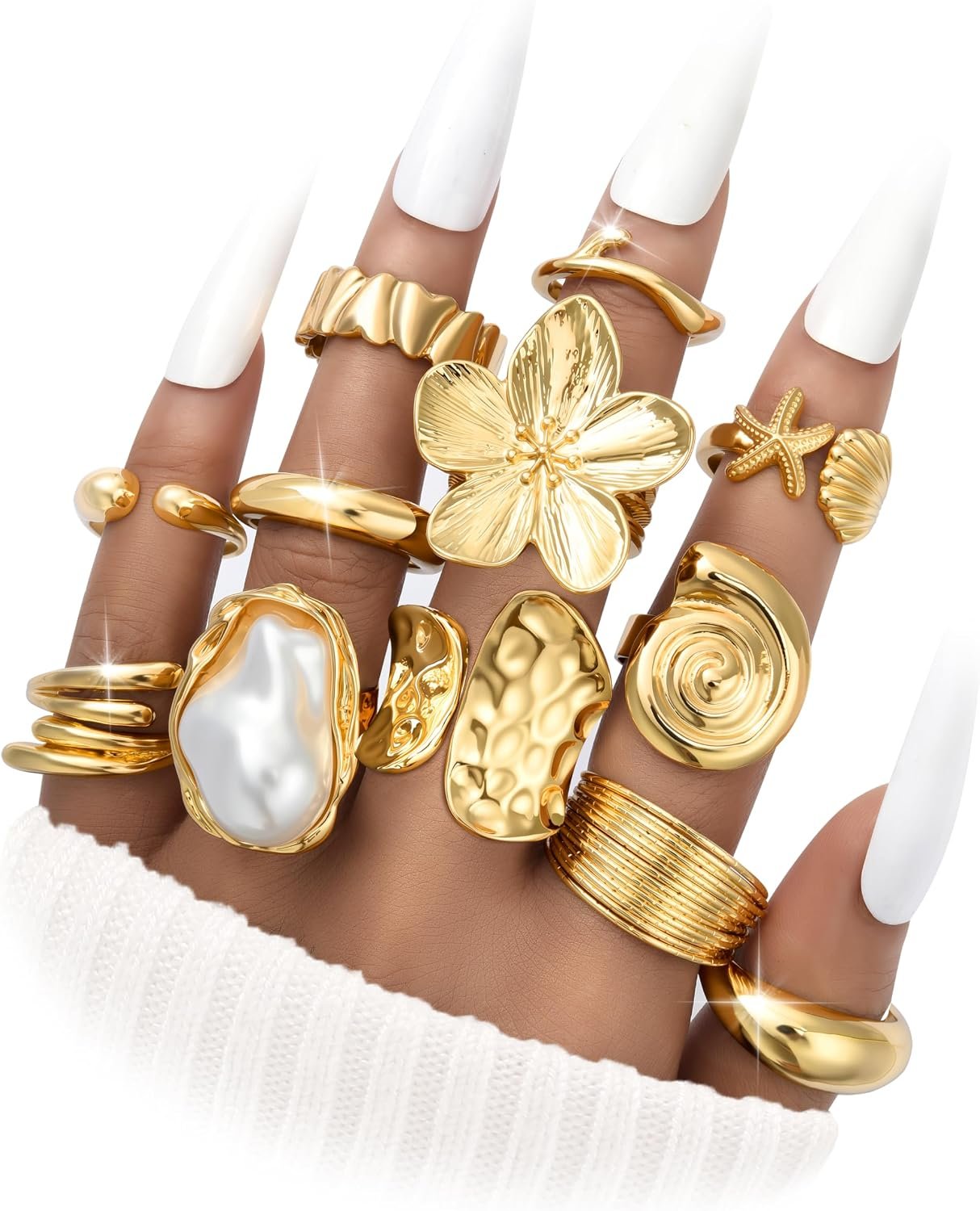 FAXHION 12 PCS Chunky Gold Rings for Women Non Tarnish Statement Flower Ring, 14K Gold Plated Stackable Open Stacking Rings, Big Knuckle Trendy Ring Set Jewelry Gift