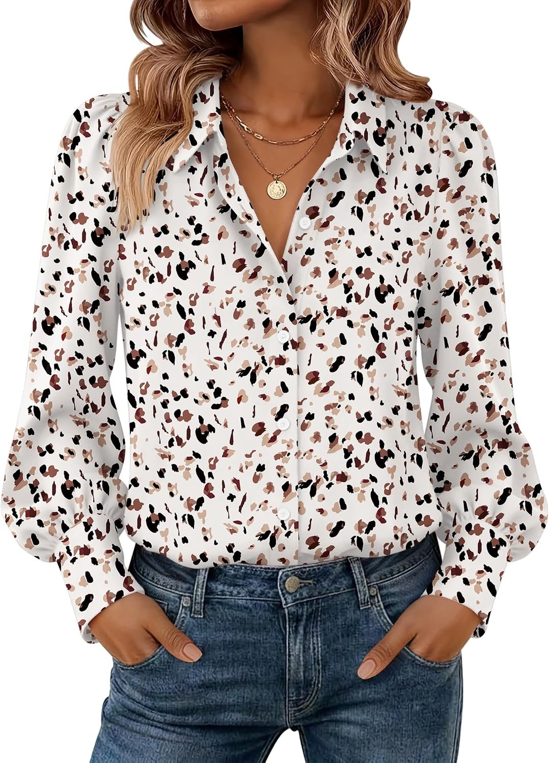 Zeagoo Women Button Down Shirts Lantern Long Sleeve Tops Business Casual Chiffon Blouses Trendy Work Clothes