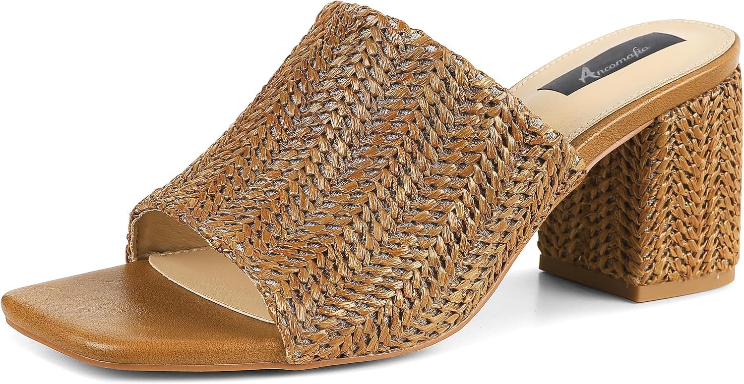 Ancomafio Heeled Sandals for Women，Raffia Sandals 2026 Chunky Heels Square Toe Mules Block Summer Shoes Slip On