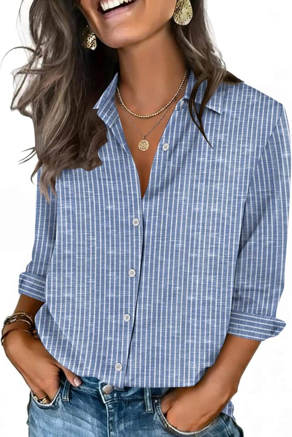Zeagoo Button Down Shirts for Women 3/4 Sleeve Tops V Neck Collared Blouses Business Casual Outfits