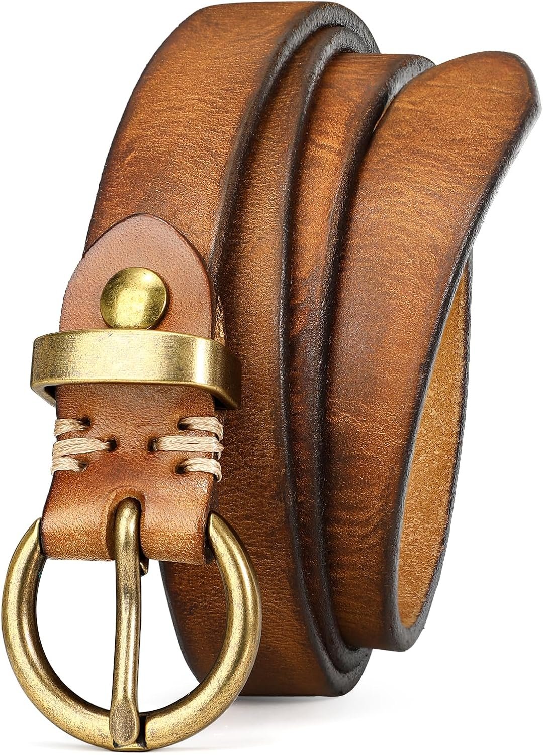 SANSTHS Womens Genuine Leather Belts for Jeans Pants Trendy Vintage Thin Leather Belt Gold Buckle Ladies Skinny Waist Belt