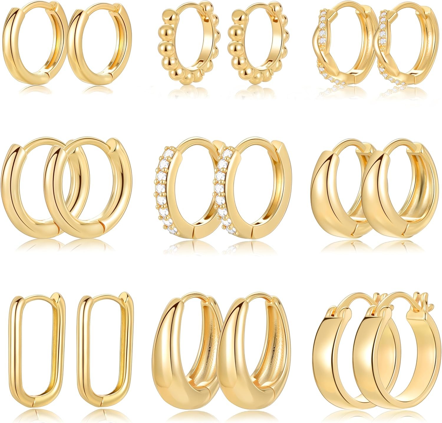 9 Pairs Small Gold/Silver Hoop Huggie Earrings Set for Women, 14K Gold Plated Chunky Hoop Small Earring Hypoallergenic Thick Open Lightweight Chunky Hoop Earrings Jewelry for Gifts