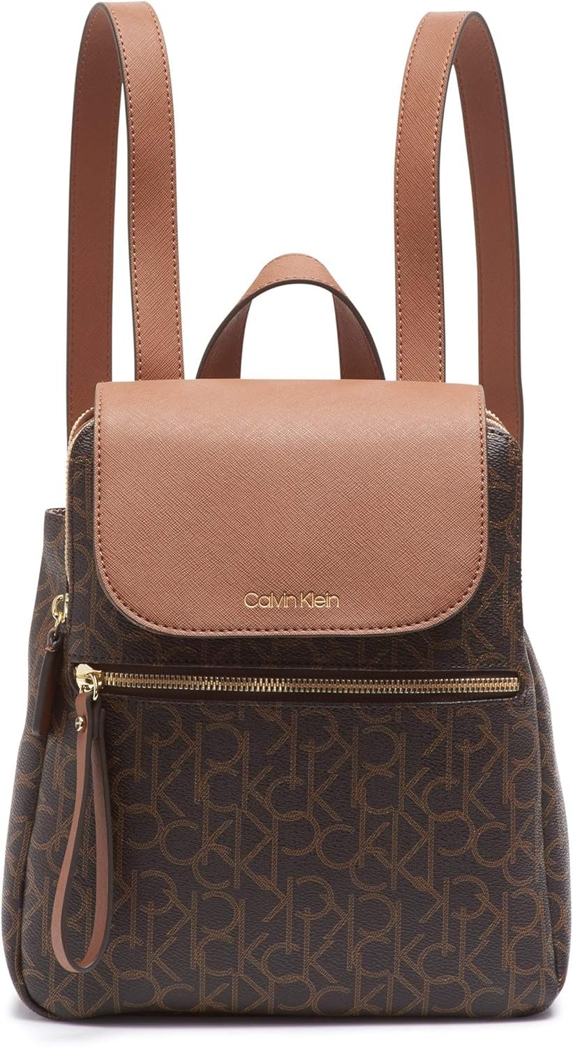 Calvin Klein Women’s Elaine Signature Key Item Flap Backpack, Brown/Khaki/Luggage Saffiano, One Size