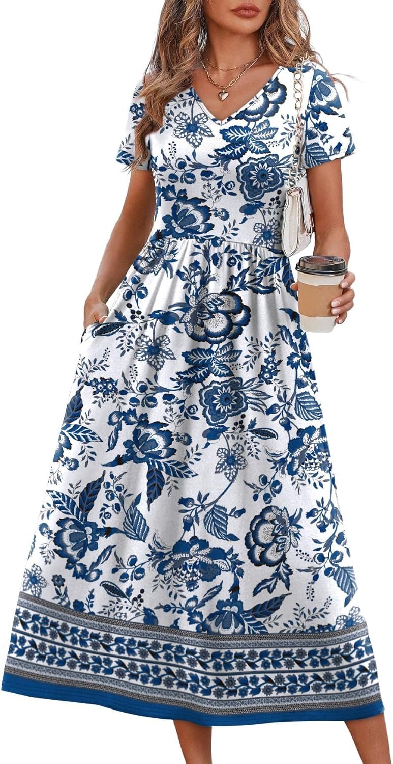 OFEEFAN Summer Dresses for Women Flowy Casual A-Line Midi Dress Beach Vacation Sundresses with Pockets S-2XL
