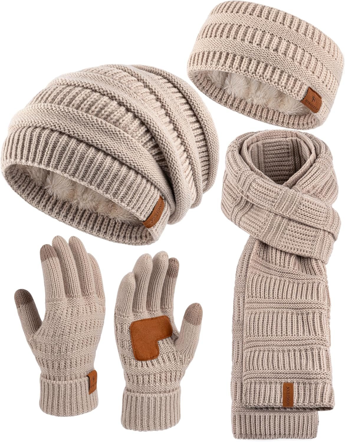 Women Beanie Scarf Gloves Headband Set Winter Hats Fleece Lined Scarf Touchscreen Gloves Ear Warmer Knit 4 Gift Set