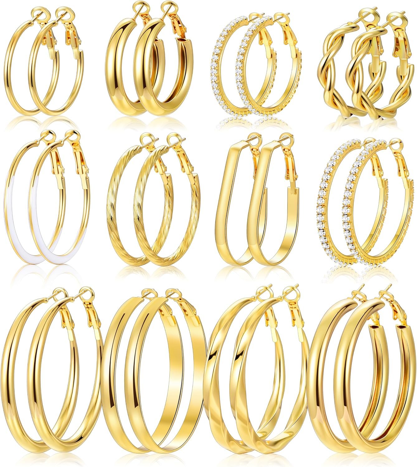 12 Pairs Gold Hoop Earrings Set for Women, Lightweight Big/Large Hoop Earrings Multipack, Hypoallergenic Gold Hoops Earrings Pack for Jewelry Gift 30mm/40mm/50mm