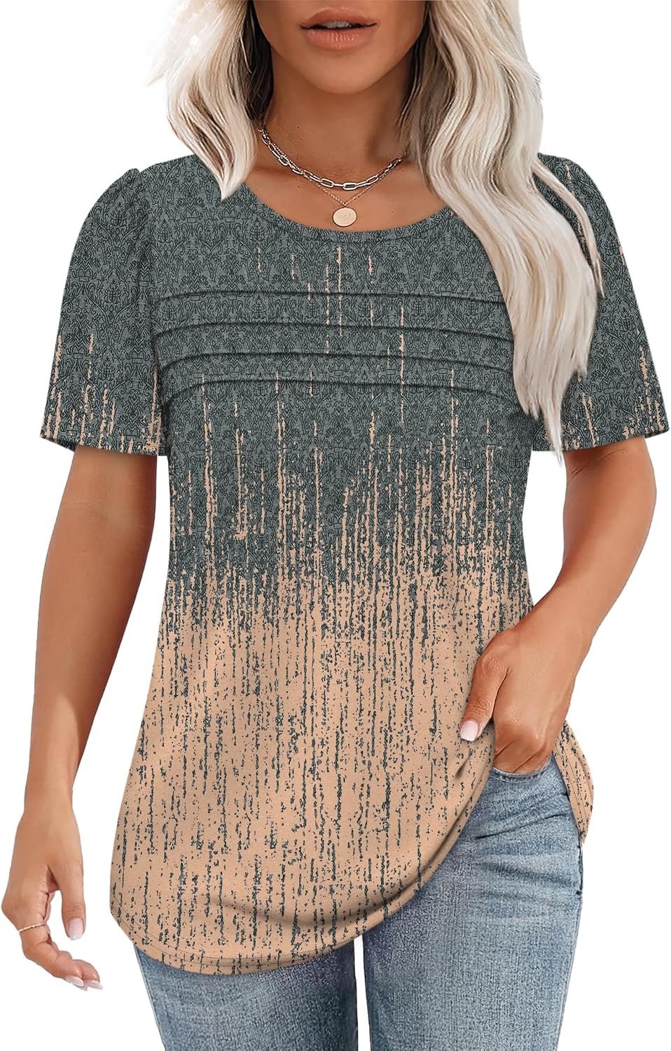OFEEFAN Womens T Shirts Short Sleeve Tops Dressy Casual Blouses Spring Summer Outfits Flowy Pleated Front Scooped Neck