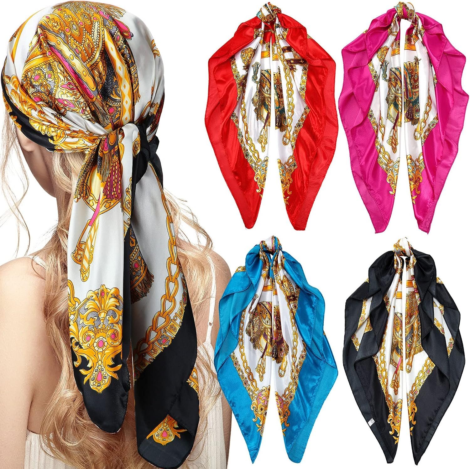Honoson 4 Pcs 35 Inch Satin Head Scarf for Women’s Hair Square Bandanas Large Silk Scarves for Sleeping