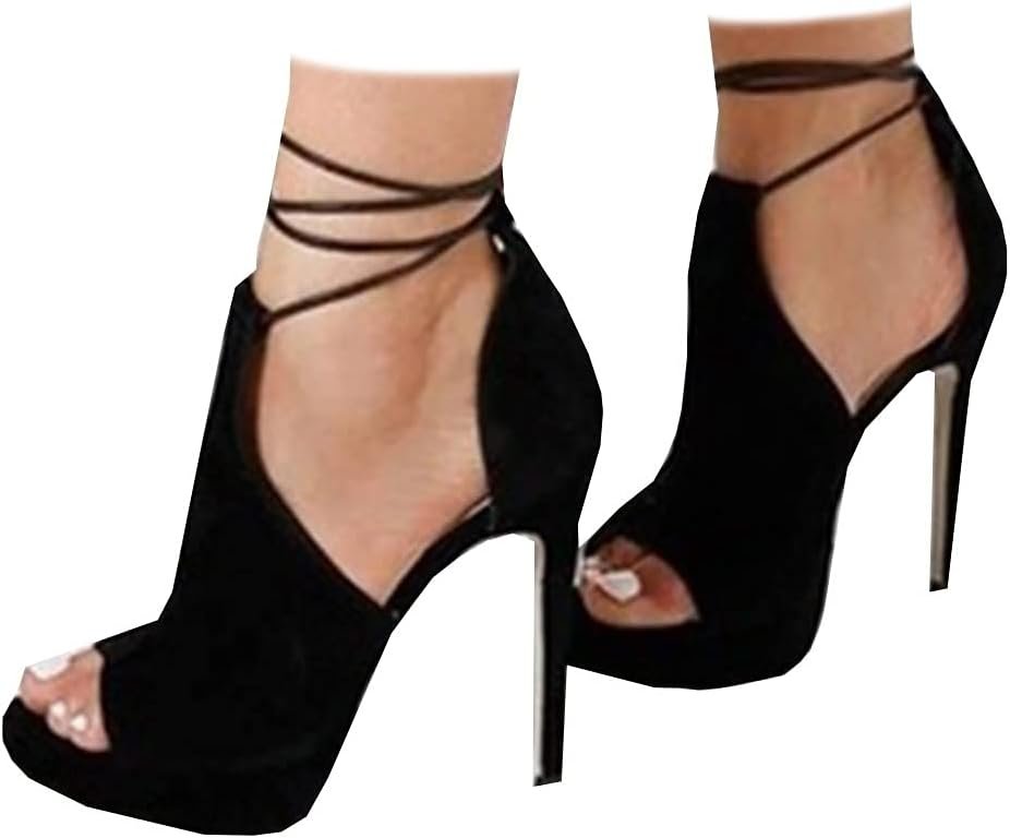 Fashare Womens Peep Toe Platform Heels Sexy Sandals Strappy Lace Up Tie Stilettos Dress Pumps Shoes