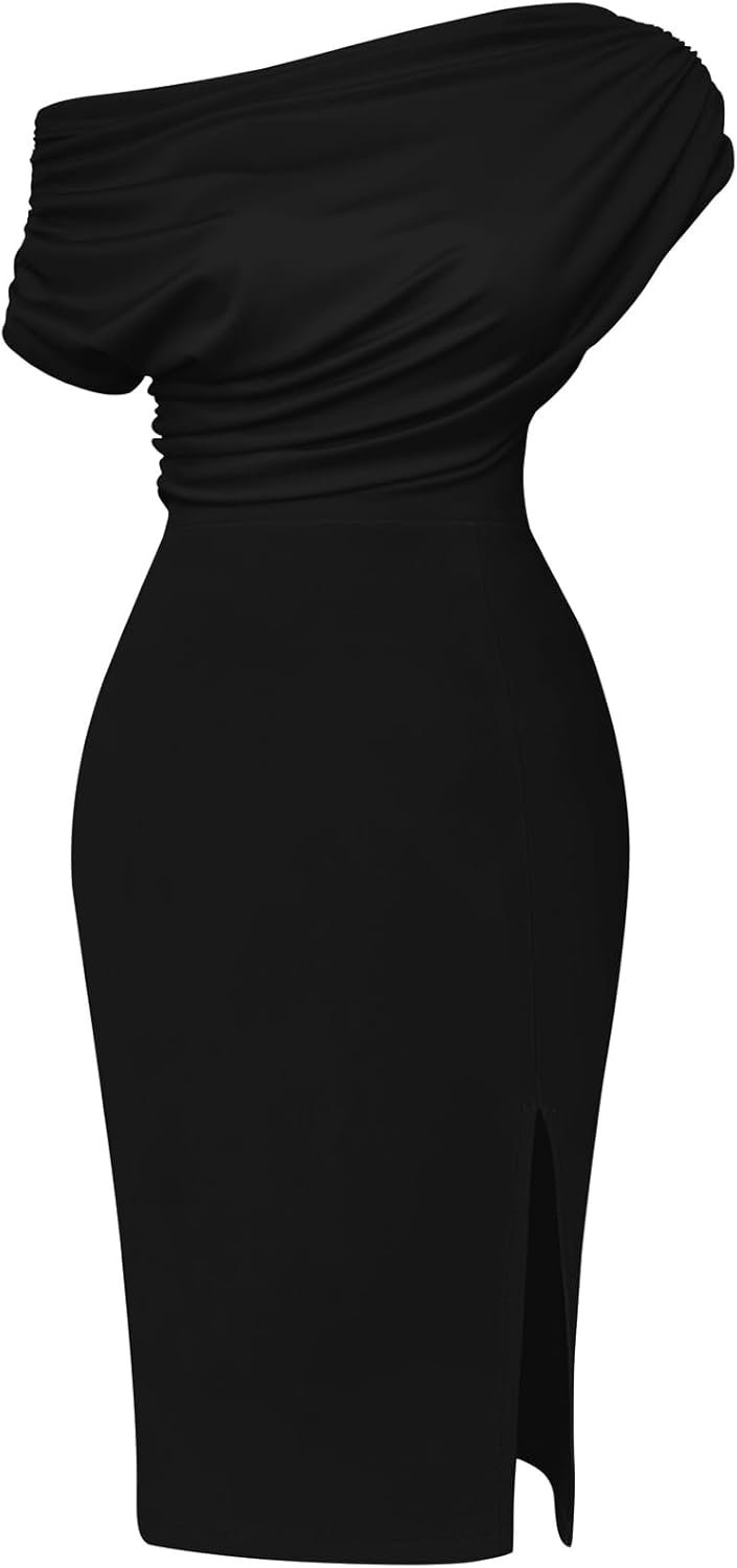 Memoriesea Women’s Elegant Off Shoulder Split Hem Bodycon Ruched Midi Club Party Dress