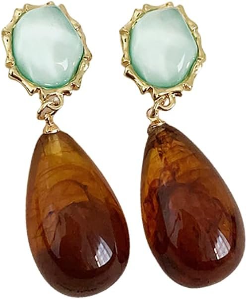 Vintage Amber Teardrop Dangle Earrings for Women Girls Hypoallergenic Lightweight Big Waterdrop Resin Statement Drop Dangling Stud Earrings Antique Holiday Birthday Theme Party Jewelry Gifts
