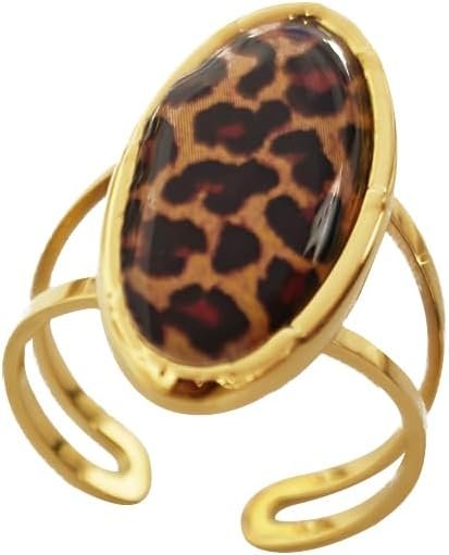 Boho Leopard Print Gold-Tone Statement Ring for Women Trendy Vintage Geometry Oval Adjustable Ring Unique Open Band Comfort Fit Punk Style 80/90s Costume Jewelry Y2K Cocktail Party Prom Accessories