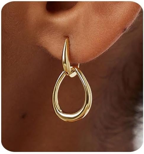 MUMREUES Gold Earrings for Women Trendy 14K Gold Plated Double Hoop Dangle Earring Thin Minimalist Lightweight Dainty Drop Earrings Jewelry Gift for Her