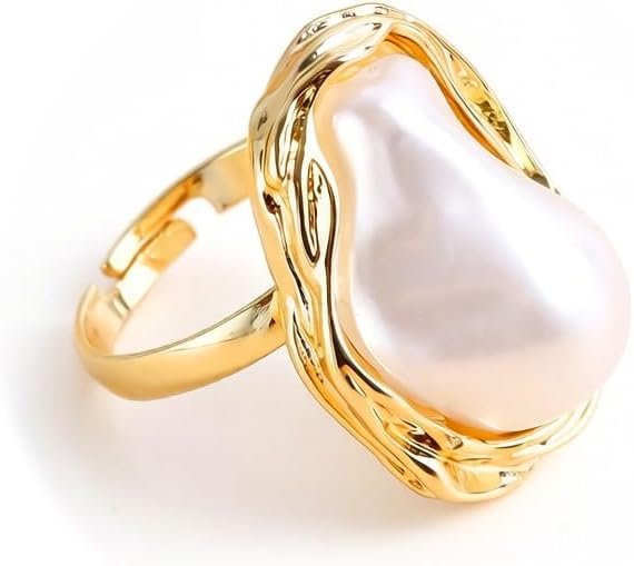 Baroque Pearl Ring for Women – Adjustable Irregularity Statement Ring – Vintage White Big Faux Pearl Finger Ring – Fashion Wedding Jewelry