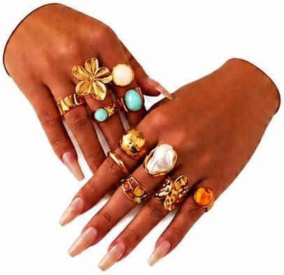Chunky Gold Rings for Women Non Tarnish, Baroque Pearl Flower Tiger’s Eye Stone Rings Adjustable Stacking Statement Rings Set Fashion Jewelry Gifts