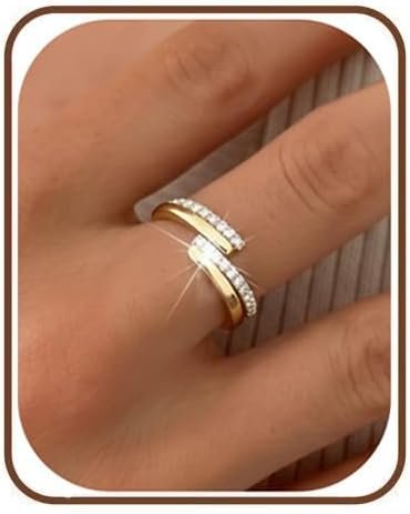 2Pcs 14K Gold Plated Stackable Rings for Women Non Tarnish,Dainty Cubic Zirconia Wedding Bands Ring Set Trendy Minimalist Statement Engagement Promise Rings,Adjustable Stacking Jewelry