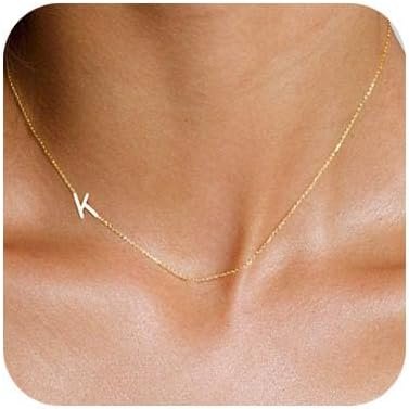 LuckFairy Initial Necklaces for Women, Dainty Gold Letter Necklace 14k Gold Plated Sideways Initial Necklace Cute Name Simple Choker Necklaces for Women Trendy Jewelry Gifts