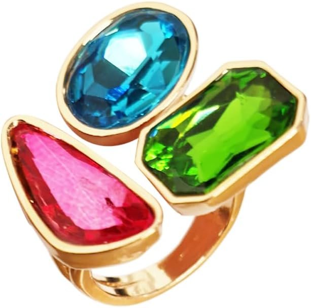 OIDIMS Fashion Tricolor Rhinestone Geometric Statement Rings for Women Adjustable Gold-Tone Plated Stacking Finger Rings Vintage Cubic Zircon Wedding Band Cocktail Party Boho Jewelry Accessories