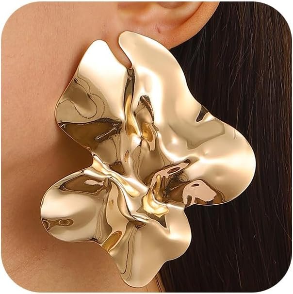 Statement Chunky Gold Large Silver Earrings for Women Trendy, Big Irregular Geometric Dainty Liquid Metal Stud Earrings Simple Prom Party Jewelry Gift