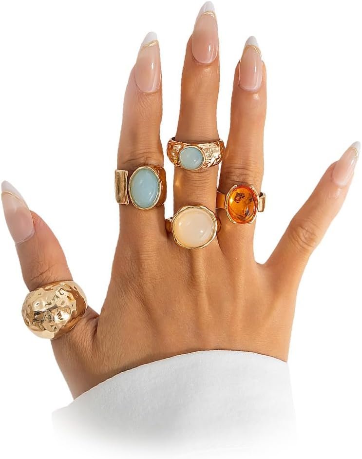 Gold Rings for Women Non Tarnish Unique Chunky Gem Stone Stackable Knuckle Ring Set Vintage Funky Stack Open Jewelry Rave Rock Accessories Pack