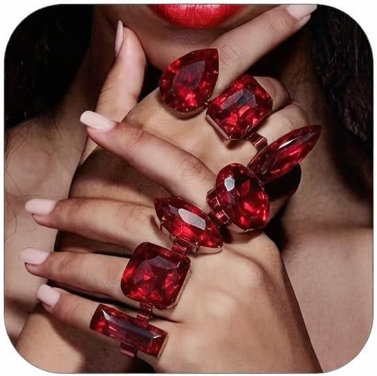 PLOUTOS Oversized Crystal Rhinestone Statement Cocktail Ring Set For Women Multi Shape Adjustable Band Chunky Fashion Jewelry Silver Tone For Women Party