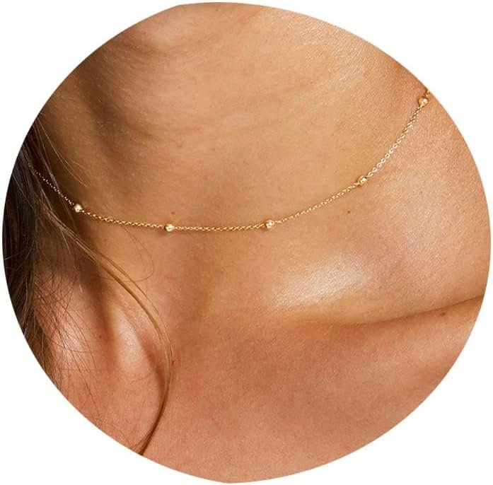 Tewiky Gold Chain Necklace for Women, 14k Gold Plated Thin Beaded Wave Box Necklace Dainty Simple Layered Choker Minimalist Link Chain Necklace Trendy Jewelry for Women