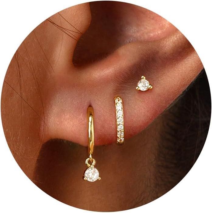 Freekiss 3 Pairs Gold Hoop Earrings Set: Dainty Stud Earrings Trendy Small 14K Gold Plated Hypoallergenic Dangle Cartilage Huggie Hoop Earrings for Women Gold Jewelry for Women Gifts