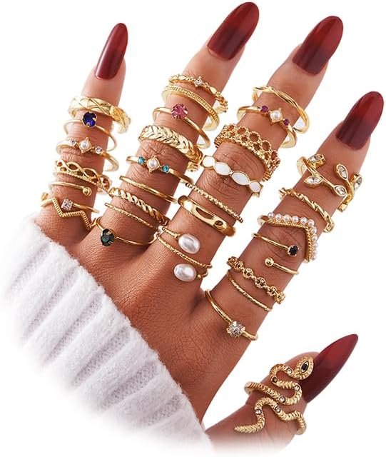 KISS WIFE Stackable Rings for Women Gold Silver Chunky Statement Ring Set, Boho Vintage Knuckle Rings, Mixed Size Fashion Rings, Gold Plated Alloy Stackable Jewelry Gift