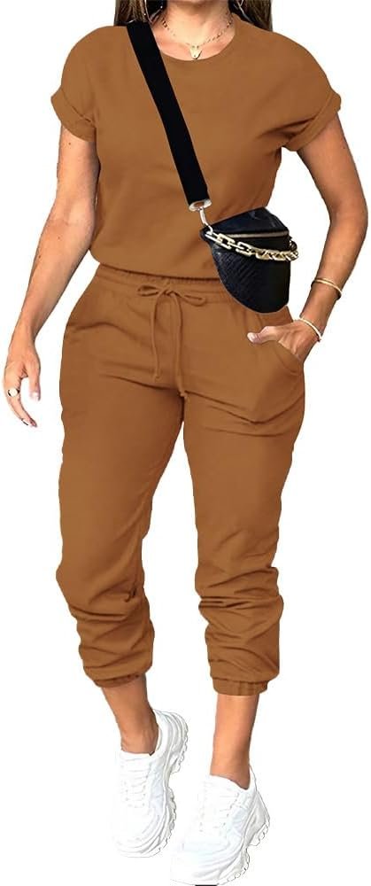 PINSV Women’s 2 Piece Outfits Tracksuit Sets Short Sleeve Tops Jogger Pants with Pockets